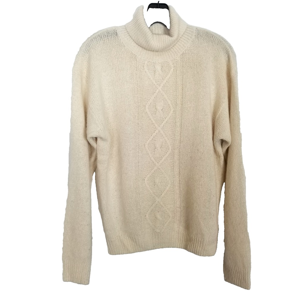 VTG De Rotchild Women Silk Angora Sweater  L Ivory Turtleneck Pullover Cableknit